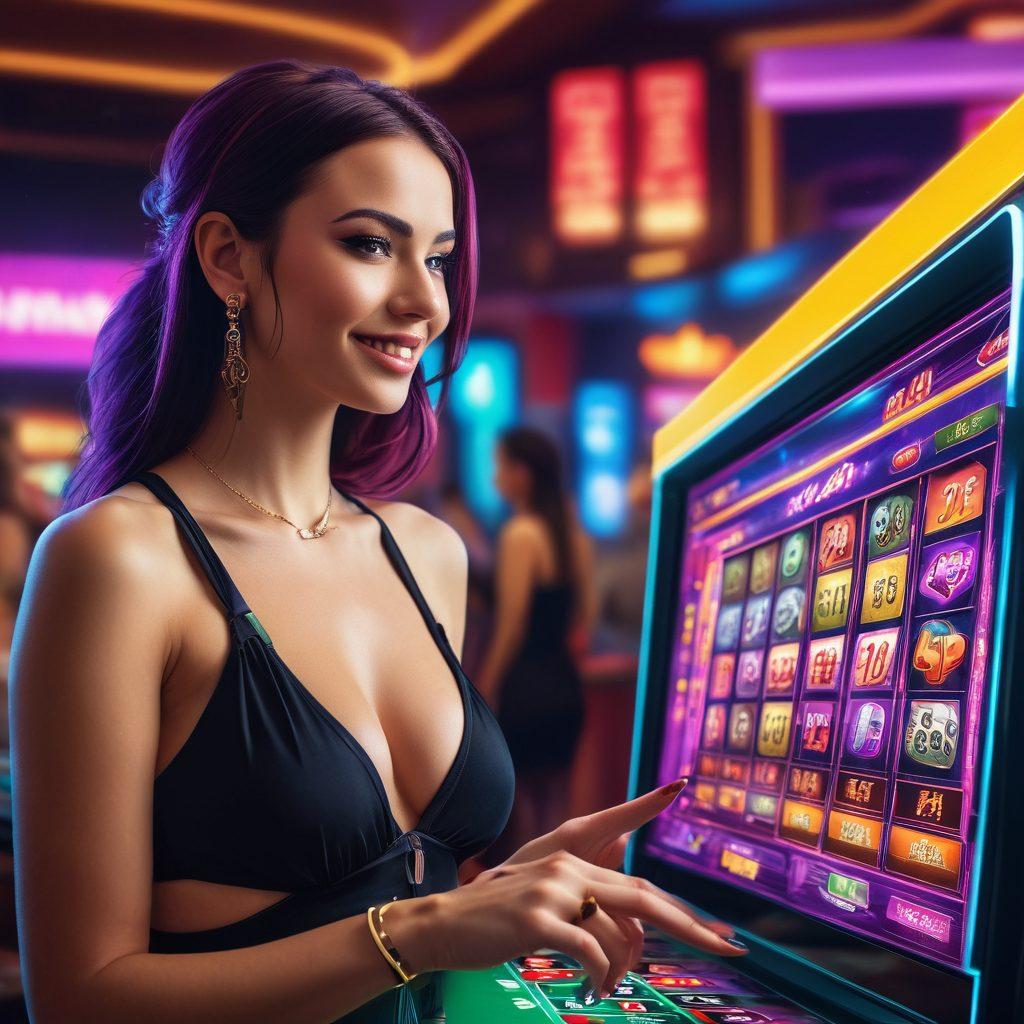 A split image showcasing a virtual gambling scene on one side, with colorful online gaming interfaces and a computer screen displaying betting options, and the other side showing a triumphant bettor with cash in hand standing in a lively casino. Overlay digital elements like charts and success symbols to represent the transition from virtual to real winnings. The background is a blend of neon lights and casino glamour. cyberpunk. vibrant colors.
