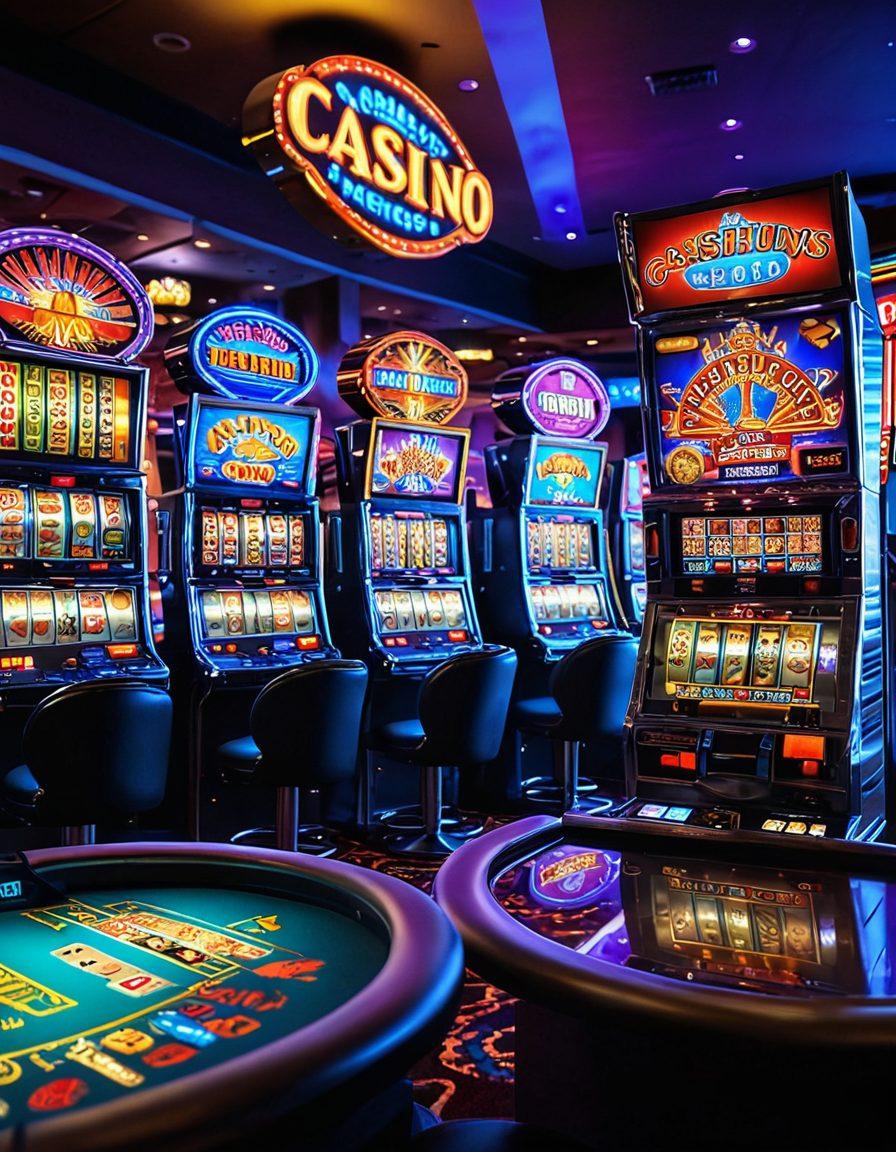 A dynamic casino scene featuring a dazzling array of colorful slot machines, high-stakes poker tables, and excited players in motion. In the background, a neon-lit casino skyline with glowing signs and vibrant lights. Include elements symbolizing profit, like overflowing stacks of chips and coins, alongside expressions of thrill on players' faces. The atmosphere should be electric and captivating. super-realistic. vibrant colors. 3D.